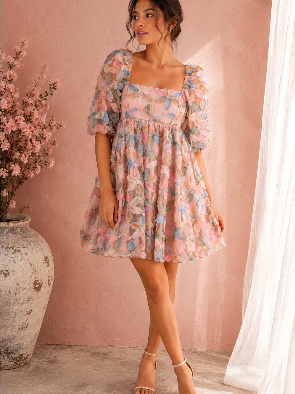 Storia Pastel Mesh Floral Puff-Sleeve Mini Dress